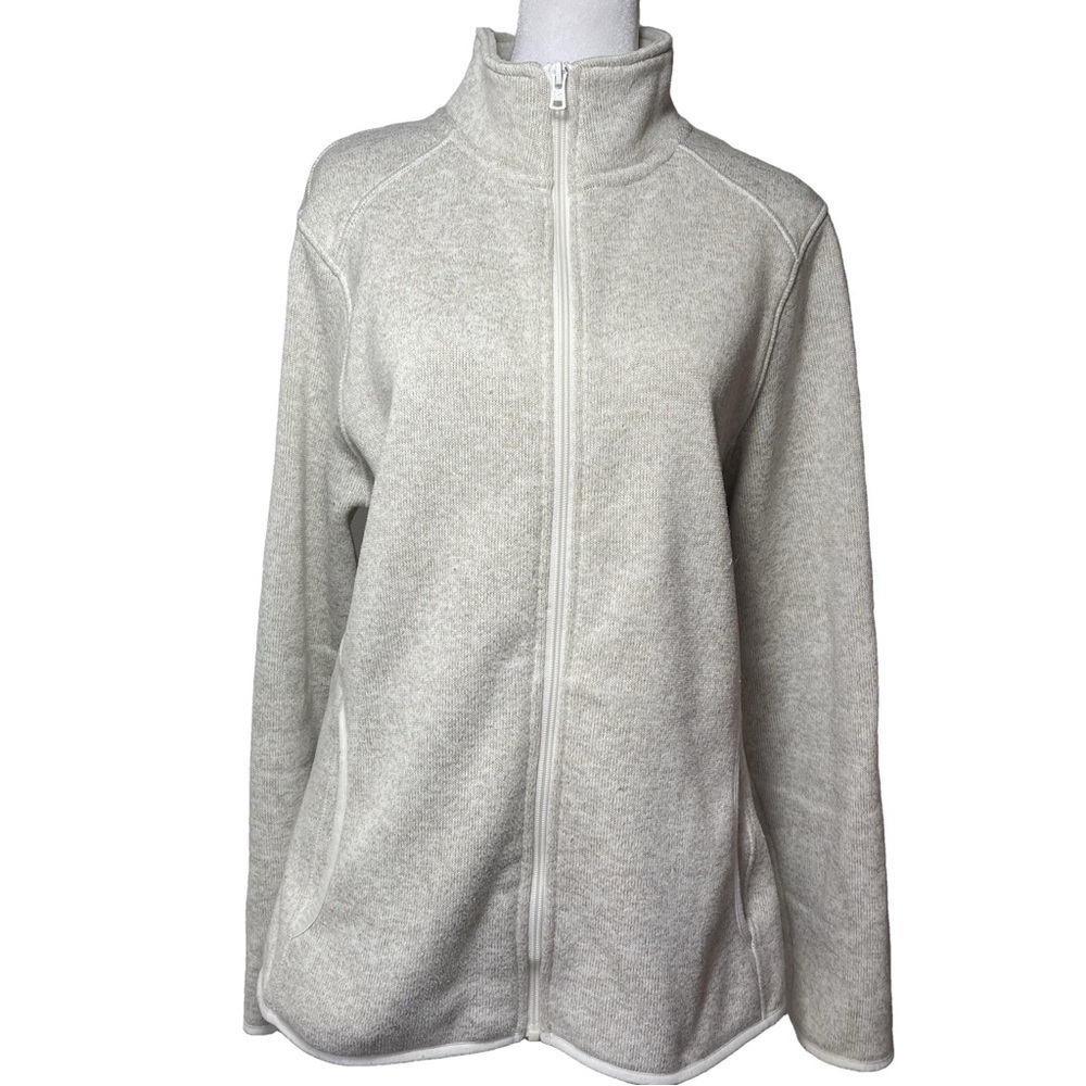 Eddie Bauer Zip-Up Cardigan Mock Neck Fleece Four-Pocket Oatmeal Cream Trim 2XL
